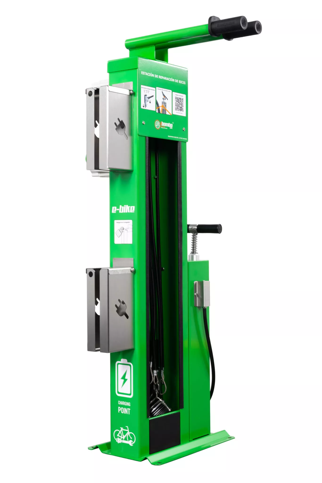 Ibombo E-PRS Scandic cykelservicestation med laddning, pump och verktyg för företag och fastigheter.